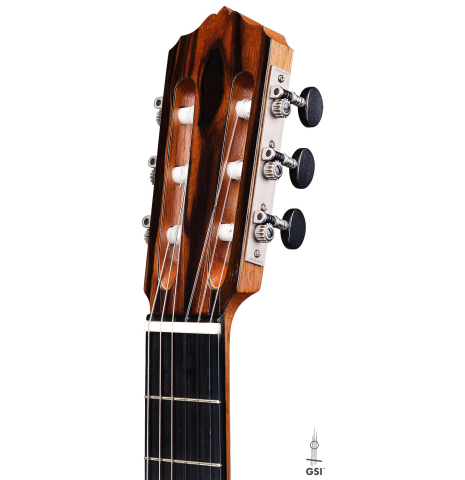 The headstock of a 2017 Annette Stephany classical guitar made of spruce and Indian rosewood