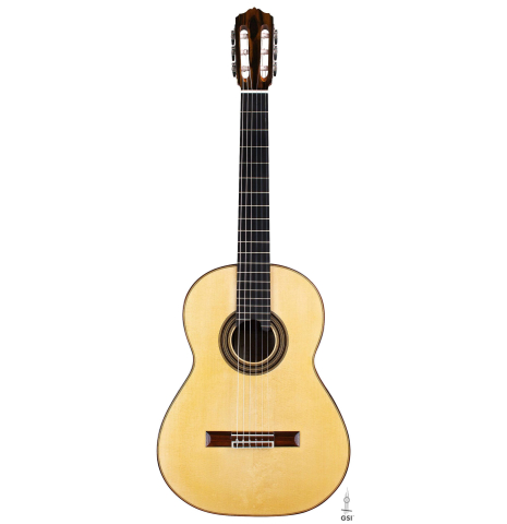 The front of a 2017 Annette Stephany classical guitar made of spruce and Indian rosewood
