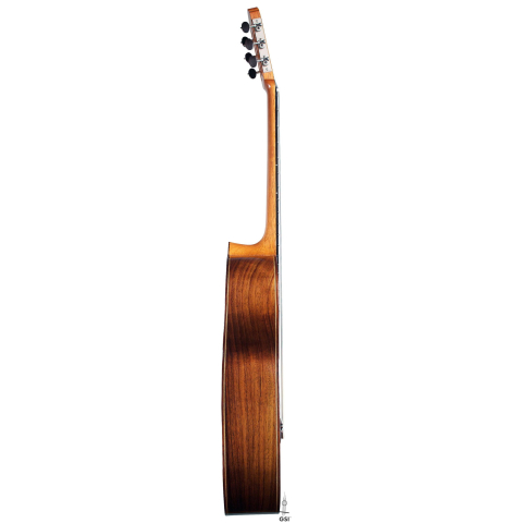 The side of a 2017 Annette Stephany classical guitar made of spruce and Indian rosewood