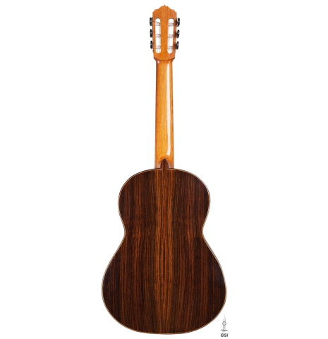 The back of a 2017 Annette Stephany classical guitar made of spruce and Indian rosewood