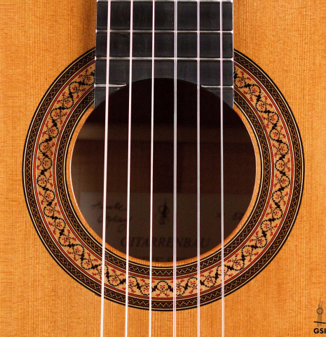 The rosette of a 2019 Annette Stephany made with cedar top and Ash back and sides