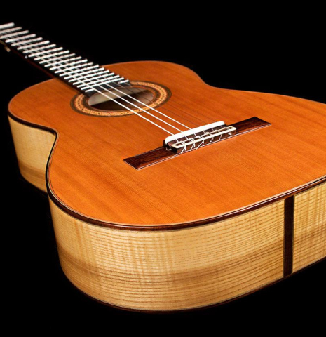 The soundboard, rosette and side of 2019 Annette Stephany made with cedar top and ash back and sides