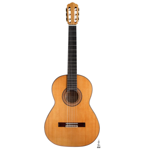 The front of a 2019 Annette Stephany made with cedar top and Ash back and sides