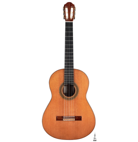 The front of a 2000 Sebastian Stenzel classical guitar made with cedar and Indian rosewood