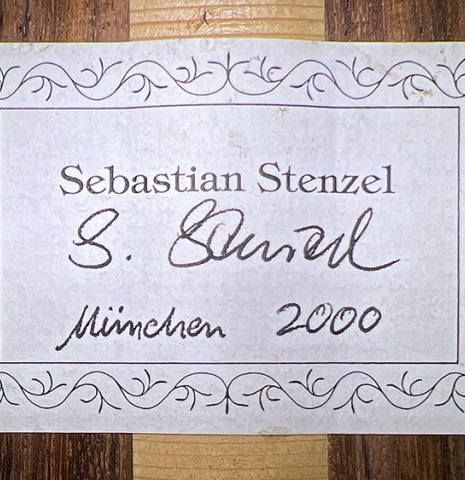 The label of a 2000 Sebastian Stenzel classical guitar made with cedar and Indian rosewood