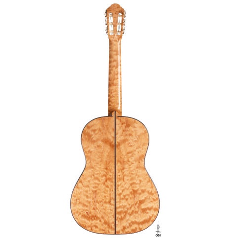 The back of a 2024 Sebastian Stenzel classical guitar made of cedar and maple