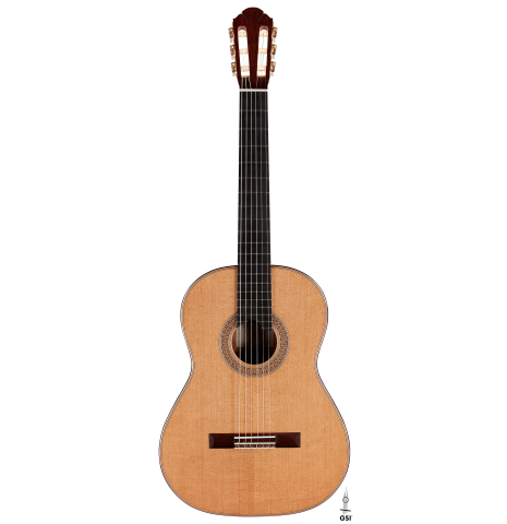 The front of a 2024 Sebastian Stenzel classical guitar made of cedar and maple