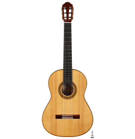 The front of a 2023 Sebastian Stenzel classical guitar made of spruce and maple