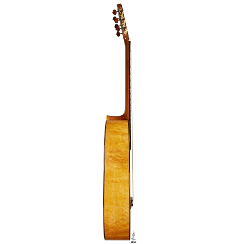 The side of a 2023 Sebastian Stenzel classical guitar made of spruce and maple
