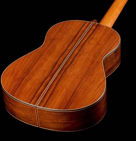 The back and sides of a 2010 Sebastian Stenzel classical guitar made of spruce and African rosewood