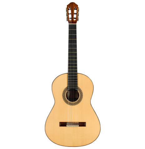 The front of a 2010 Sebastian Stenzel classical guitar made of spruce and African rosewood
