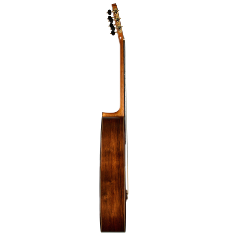 The side of a 2010 Sebastian Stenzel classical guitar made of spruce and African rosewood
