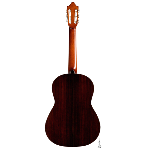 The back of a 2022 Giovanni Tacchi classical guitar Friederich model made of cedar and Indian rosewood