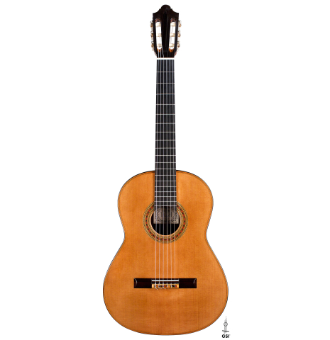 The front of a 2022 Giovanni Tacchi classical guitar Friederich model made of cedar and Indian rosewood
