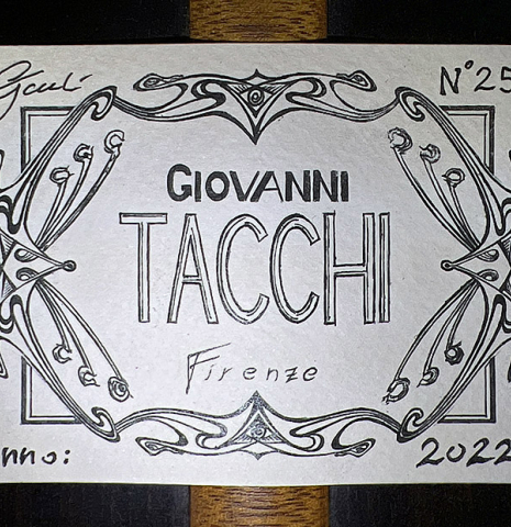 The label of a 2022 Giovanni Tacchi classical guitar Friederich model made of cedar and Indian rosewood
