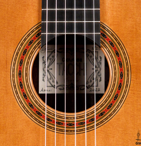 The rosette of a 2022 Giovanni Tacchi classical guitar Friederich model made of cedar and Indian rosewood