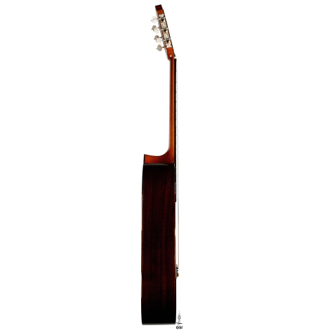 The side of a 2022 Giovanni Tacchi classical guitar Friederich model made of cedar and Indian rosewood