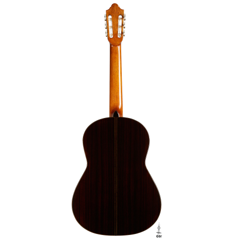 The back of a 2024 Giovanni Tacchi classical guitar Friederich model made of cedar and Indian rosewood