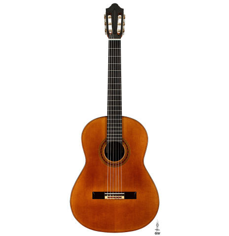 The front of a 2024 Giovanni Tacchi classical guitar Friederich model made of cedar and Indian rosewood