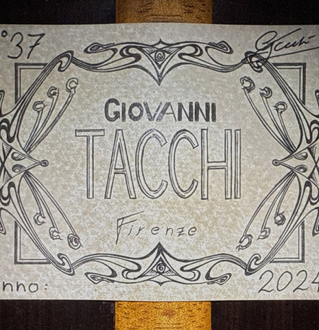 The label of a 2024 Giovanni Tacchi classical guitar Friederich model made of cedar and Indian rosewood