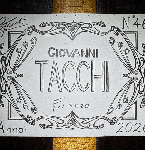 The label of a 2026 Giovanni Tacchi classical guitar made of cedar and Indian rosewood