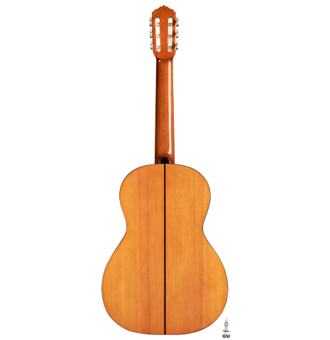 The back of a 2022 Andrea Tacchi "Homage to the Spanish School" classical guitar made with spruce and cypress wood