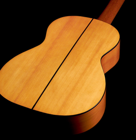 The back and sides of a 2022 Andrea Tacchi "Homage to the Spanish School" classical guitar made with spruce and cypress wood