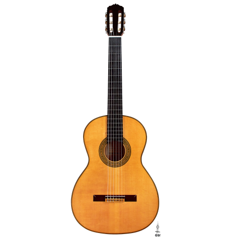The front of a 2022 Andrea Tacchi &quot;Homage to the Spanish School&quot; classical guitar made with spruce and cypress wood