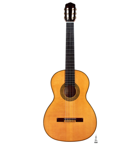 The front of a 2022 Andrea Tacchi "Homage to the Spanish School" classical guitar made with spruce and cypress wood