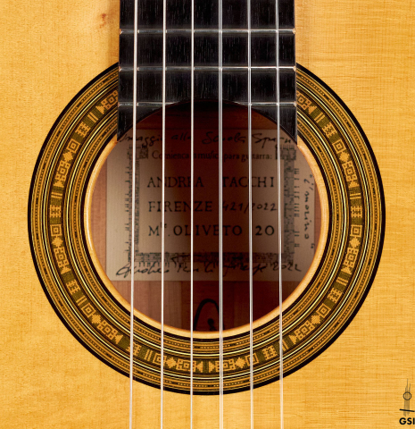 The rosette of a 2022 Andrea Tacchi &quot;Homage to the Spanish School&quot; classical guitar made with spruce and cypress wood