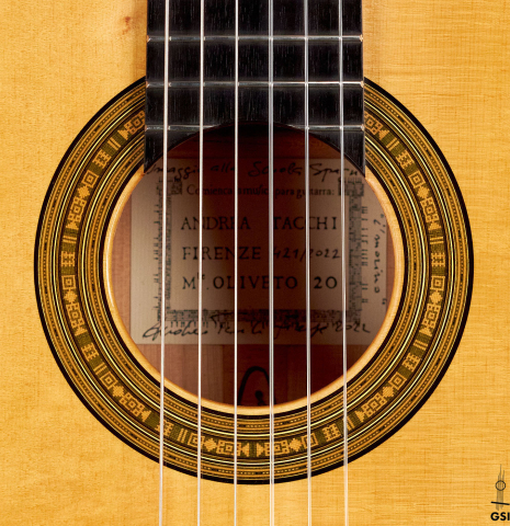 The rosette of a 2022 Andrea Tacchi "Homage to the Spanish School" classical guitar made with spruce and cypress wood