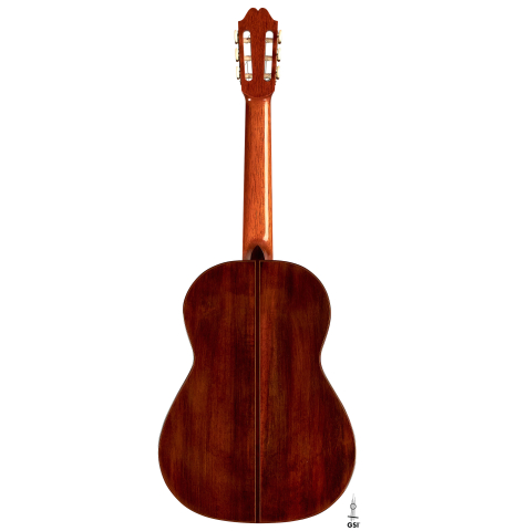 The back of a 2018 Andrea Tacchi "Omaggio a Robert Bouchet" classical guitar made of spruce and CSA rosewood