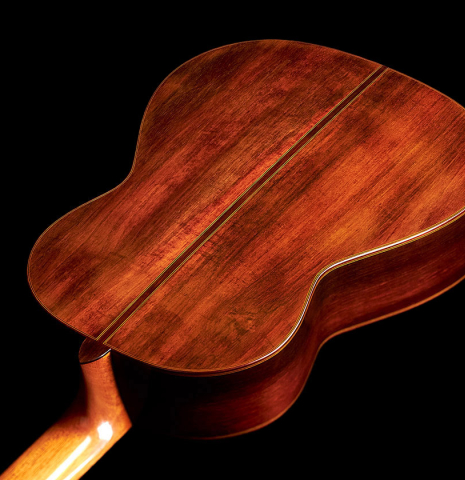 The back of a 2018 Andrea Tacchi "Omaggio a Robert Bouchet" classical guitar made of spruce and CSA rosewood
