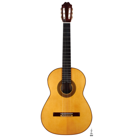 The front of a 2018 Andrea Tacchi "Omaggio a Robert Bouchet" classical guitar made of spruce and CSA rosewood
