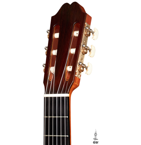The headstock of a 2018 Andrea Tacchi &quot;Omaggio a Robert Bouchet&quot; classical guitar made of spruce and CSA rosewood