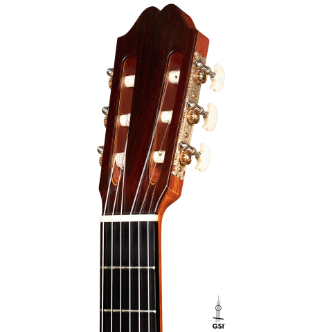 The headstock of a 2018 Andrea Tacchi "Omaggio a Robert Bouchet" classical guitar made of spruce and CSA rosewood