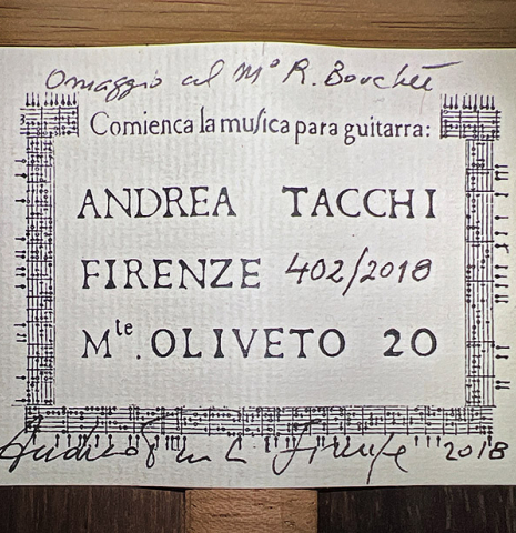 The label of a 2018 Andrea Tacchi &quot;Omaggio a Robert Bouchet&quot; classical guitar made of spruce and CSA rosewood