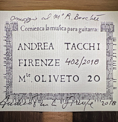 The label of a 2018 Andrea Tacchi "Omaggio a Robert Bouchet" classical guitar made of spruce and CSA rosewood