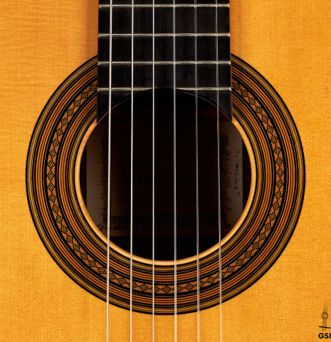 The rosette of a 2018 Andrea Tacchi &quot;Omaggio a Robert Bouchet&quot; classical guitar made of spruce and CSA rosewood