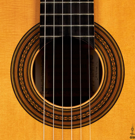 The rosette of a 2018 Andrea Tacchi "Omaggio a Robert Bouchet" classical guitar made of spruce and CSA rosewood