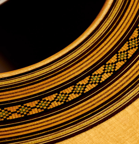 The rosette of a 2018 Andrea Tacchi "Omaggio a Robert Bouchet" classical guitar made of spruce and CSA rosewood