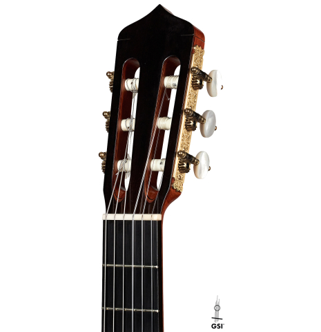 The headstock of a 2007 Andrea Tacchi &quot;Coclea Thucea&quot; made with CSA rosewood back and sides and cedar/spruce soundboard.