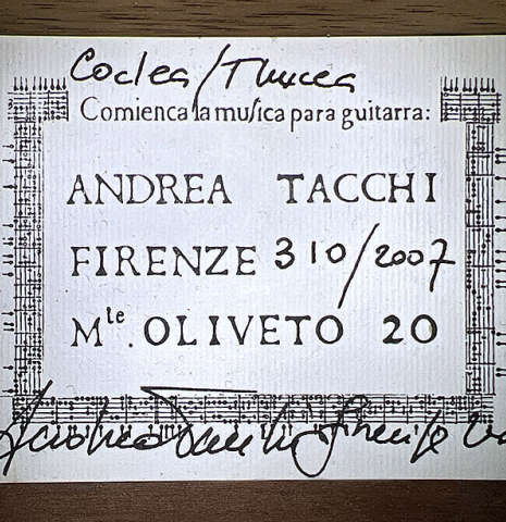The label of a 2007 Andrea Tacchi &quot;Coclea Thucea&quot; made with CSA rosewood back and sides and cedar/spruce soundboard.