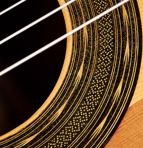 The rosette of a 2007 Andrea Tacchi &quot;Coclea Thucea&quot; made with CSA rosewood back and sides and cedar/spruce soundboard.