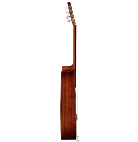 The side of a 2007 Andrea Tacchi &quot;Coclea Thucea&quot; made with CSA rosewood back and sides and cedar/spruce soundboard.