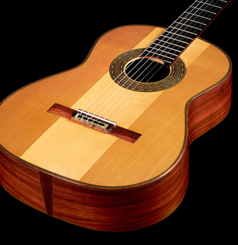 The cedar/spruce soundboard of a 2007 Andrea Tacchi &quot;Coclea Thucea&quot; made with CSA rosewood back and sides.