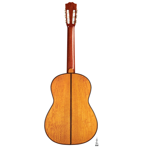 The back of a 2003 Andrea Tacchi &quot;Omaggio a Francisco Simplicio&quot; classical guitar made of spruce and satwinwood