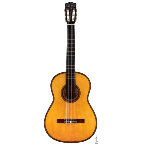 The front of a 2003 Andrea Tacchi &quot;Omaggio a Francisco Simplicio&quot; classical guitar made of spruce and satwinwood