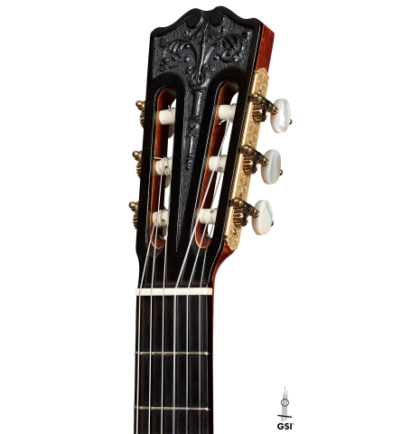 The headstock of a 2003 Andrea Tacchi &quot;Omaggio a Francisco Simplicio&quot; classical guitar made of spruce and satwinwood