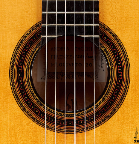 The rosette of a 2003 Andrea Tacchi &quot;Omaggio a Francisco Simplicio&quot; classical guitar made of spruce and satwinwood